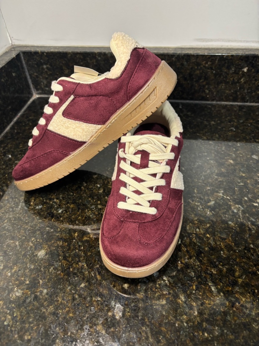 FALLS CREEK NWT Dakota Red Burgundy Suede Sneakers with Cream Sherpa Accent